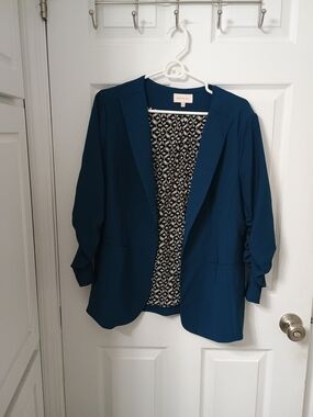 Skies Are Blue Teal Open-Front Blazer with Patterned Lining